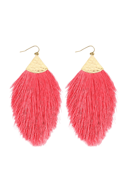 S25-4-3-HDE2232NPK NEON PINK TASSEL WITH HAMMERED METAL HOOK DROP EARRINGS/6PAIRS