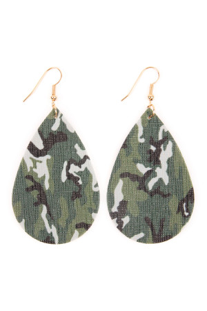 S23-2-3-HDE2233 CAMOUFLAGE TEARDROP LEATHER EARRING/6PAIRS