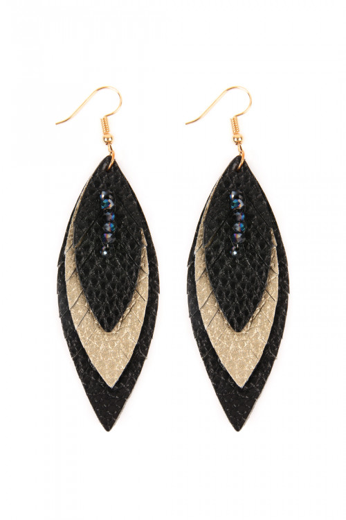 S1-2-5-HDE2235BKG BLACK GOLD THREE LAYER FRINGED LEATHER MARQUISE EARRINGS/6PAIRS