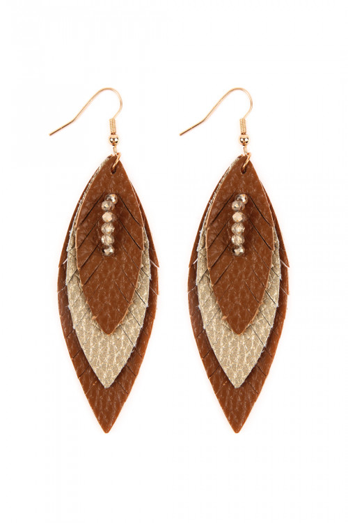 SA4-2-3-HDE2235BR BROWN THREE LAYER FRINGED LEATHER MARQUISE EARRINGS/6PAIRS