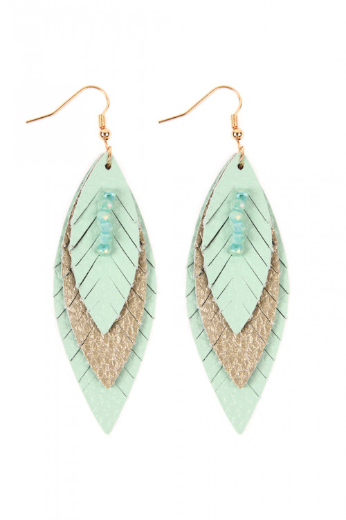 S1-3-4-HDE2235MN - MINT THREE LAYER FRINGED LEATHER MARQUISE EARRINGS/6PAIRS