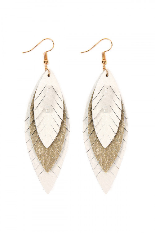 S1-2-5-HDE2235NA NATURAL THREE LAYER FRINGED LEATHER MARQUISE EARRINGS/6PAIRS