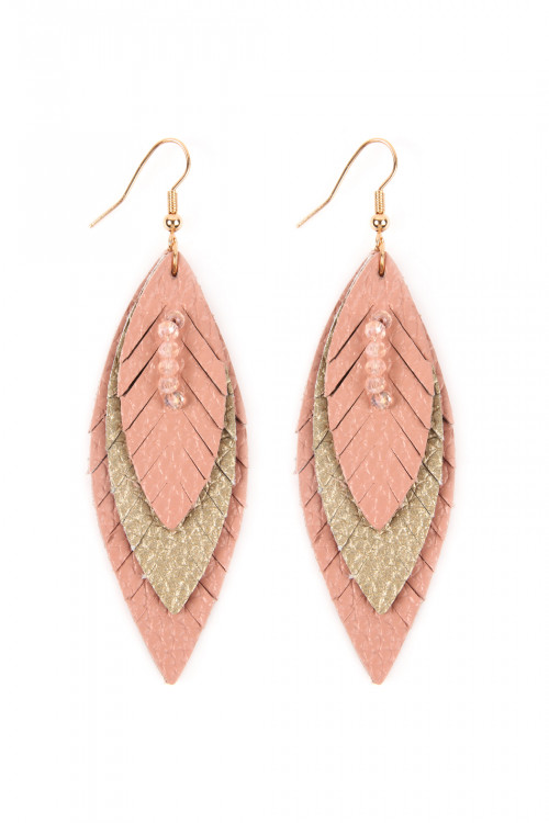 S1-2-5-HDE2235PK PINK THREE LAYER FRINGED LEATHER MARQUISE EARRINGS/6PAIRS