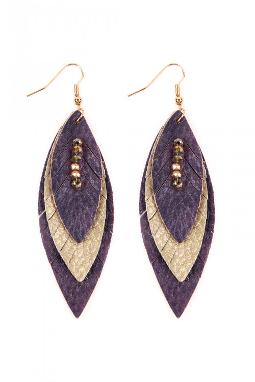 S1-2-5-HDE2235PU PURPLE THREE LAYER FRINGED LEATHER MARQUISE EARRINGS/6PAIRS