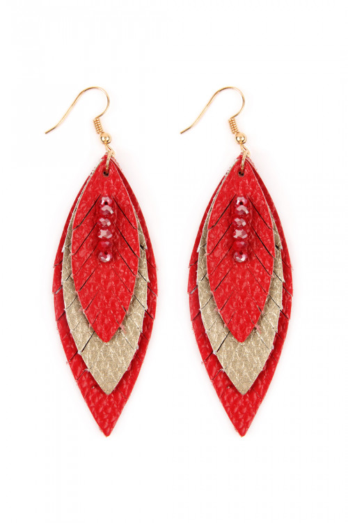 S1-2-5-HDE2235RD RED THREE LAYER FRINGED LEATHER MARQUISE EARRINGS/6PAIRS