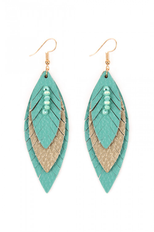 SA4-2-2-HDE2235TQ TURQUOISE THREE LAYER FRINGED LEATHER MARQUISE EARRINGS/6PAIRS