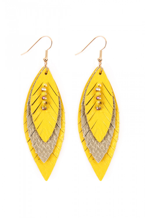 S1-3-4-HDE2235YW YELLOW THREE LAYER FRINGED LEATHER MARQUISE EARRINGS/6PAIRS