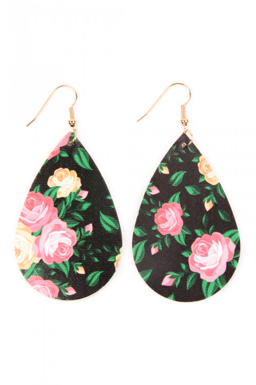 A3-3-3-HDE2245BK BLACK TEARDROP FLORAL LEATHER EARRINGS/6PAIRS