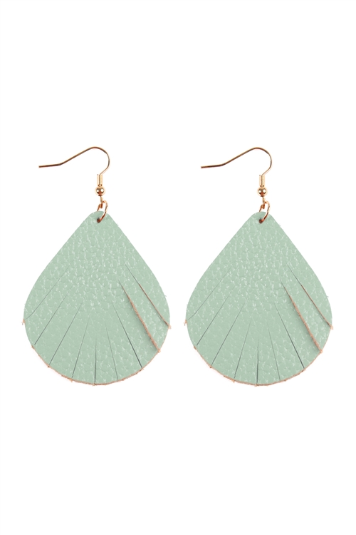 S7-4-1-HDE2271LMN -  FRINGED PEAR SHAPE LEATHER EARRINGS - LIGHT MINT/6PCS  (NOW $1.25 ONLY!)