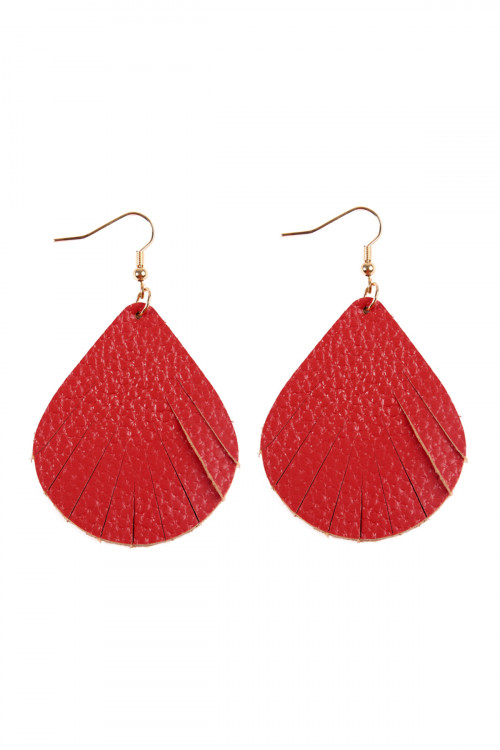S21-9-2-HDE2271RD RED FRINGED PEAR SHAPE LEATHER EARRINGS/6PAIRS  (NOW $1.25 ONLY!)