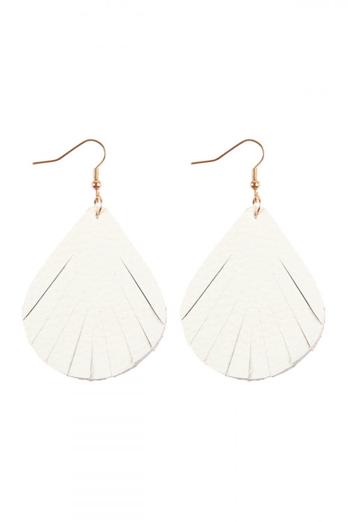 S21-9-3-HDE2271WT WHITE FRINGED PEAR SHAPE LEATHER EARRINGS/6PAIRS