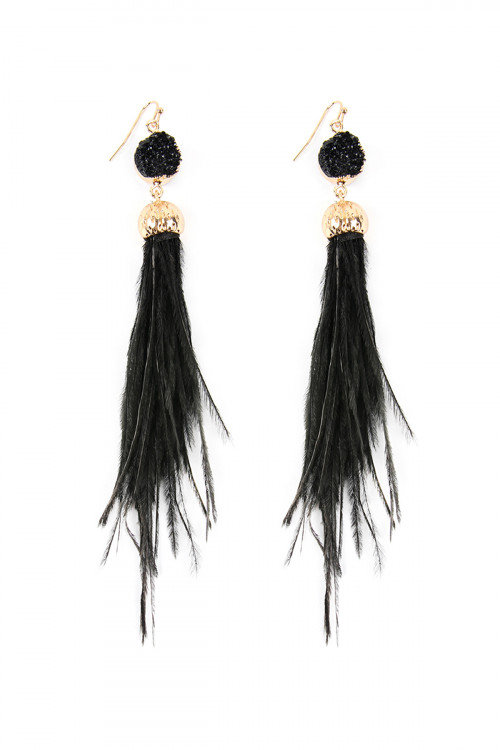 S4-6-4-HDE2290BK BLACK DRUZY STONE WITH DANGLING FEATHER EARRINGS/6PAIRS