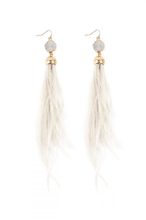 S4-6-4-HDE2290IV IVORY DRUZY STONE WITH DANGLING FEATHER EARRINGS/6PAIRS