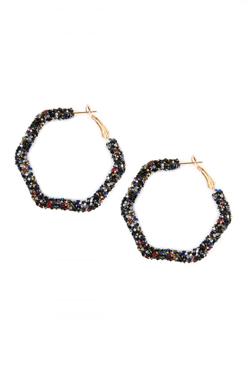 S5-6-2-HDE2306DMT DARK MULTI COLOR RHINESTONE COATED WIRE HEXAGON HOOP HINGE EARRINGS/6PAIRS