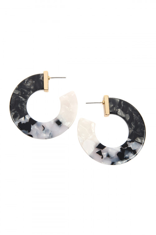 S6-5-3-HDE2311BK BLACK MULTI-TONE MARBLE ACETATE POST HOOP EARRINGS/6PCS