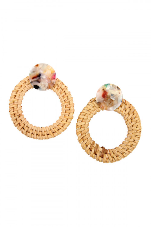 S25-7-5-HDE2313MT MULTI COLOR RESIN WITH RATTAN HOOP POST EARRING/6PCS