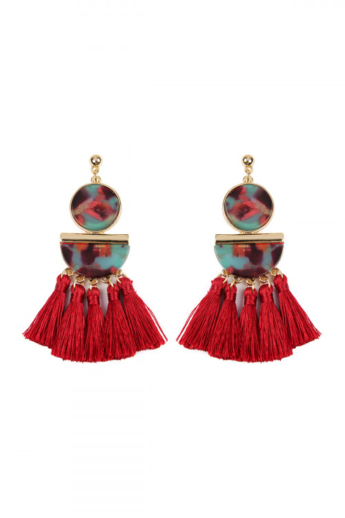 S23-5-3-HDE2324RD RED DANGLING RESIN WITH TASSEL EARRINGS/6PAIRS