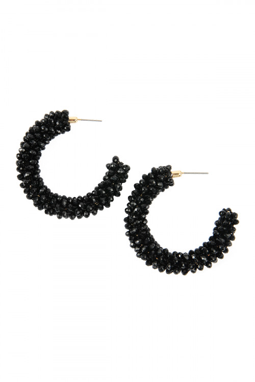 SA3-3-3-HDE2339BK BLACK GLASS BEADS POST HOOP EARRINGS/6PAIRS