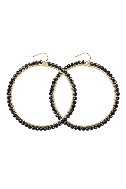 S23-5-2-HDE2341BK BLACK WIRE HOOP WITH GLASS BEADS HOOK EARRINGS/6PAIRS