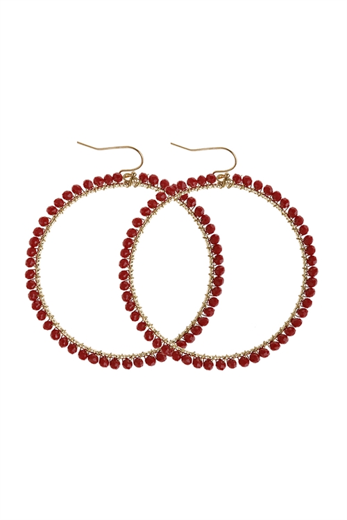 A2-4-2-HDE2341BU BURGUNDY WIRE HOOP WITH GLASS BEADS HOOK EARRINGS/6PAIRS