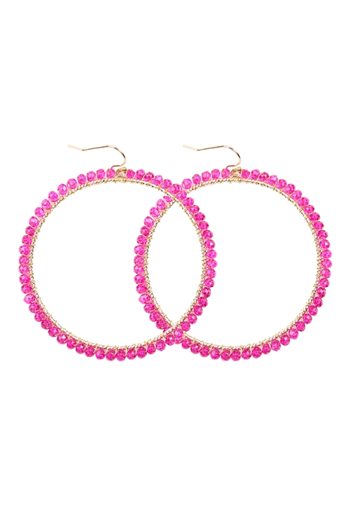 A2-4-5-HDE2341HPK HOT PINK WIRE HOOP WITH GLASS BEADS HOOK EARRINGS/6PAIRS