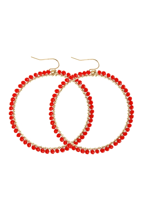 S23-5-2-HDE2341RD RED WIRE HOOP WITH GLASS BEADS HOOK EARRINGS/6PAIRS