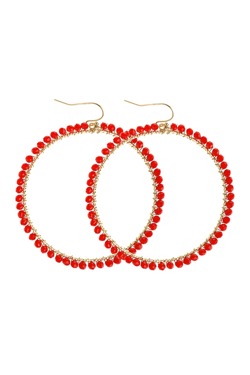 A2-4-5-HDE2341RD RED WIRE HOOP WITH GLASS BEADS HOOK EARRINGS/6PAIRS