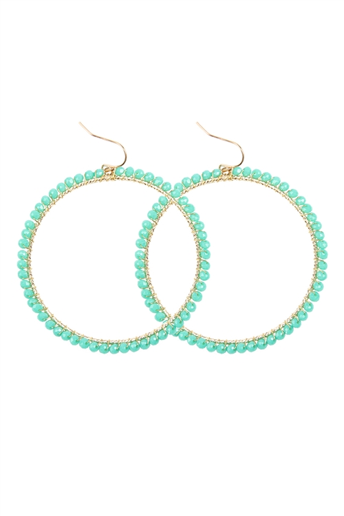 S23-5-2-HDE2341TQ TURQUOISE WIRE HOOP WITH GLASS BEADS HOOK EARRINGS/6PAIRS