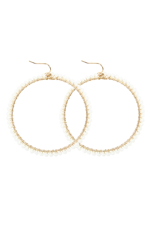 A1-1-4-HDE2341WT WHITE WIRE HOOP WITH GLASS BEADS HOOK EARRINGS/6PAIRS
