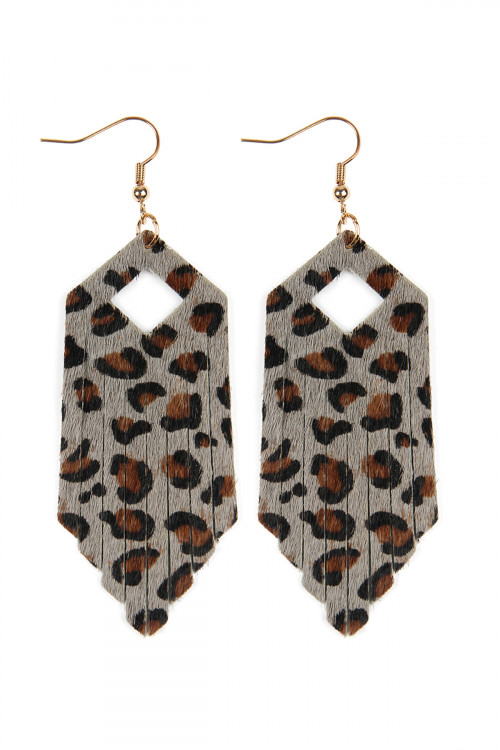 S25-3-4-HDE2435GY GRAY FRINGE HEXAGON LEOPARD LEATHER HOOK EARRINGS/6PAIRS (NOW $1.50 ONLY!)