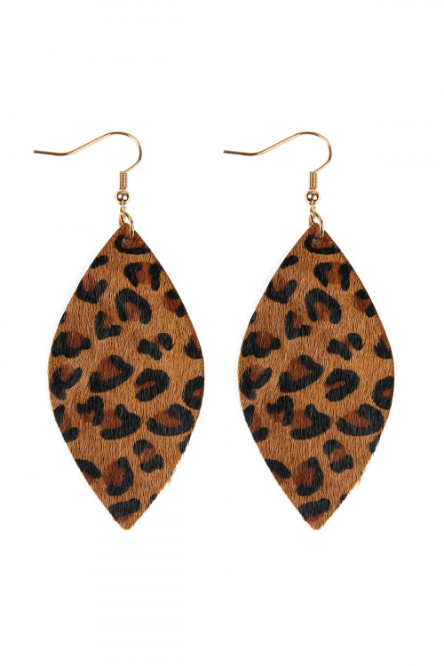 S22-6-2-HDE2436BR BROWN LEOPARD MARQUISE LEATHER HOOK EARRINGS/6PAIRS