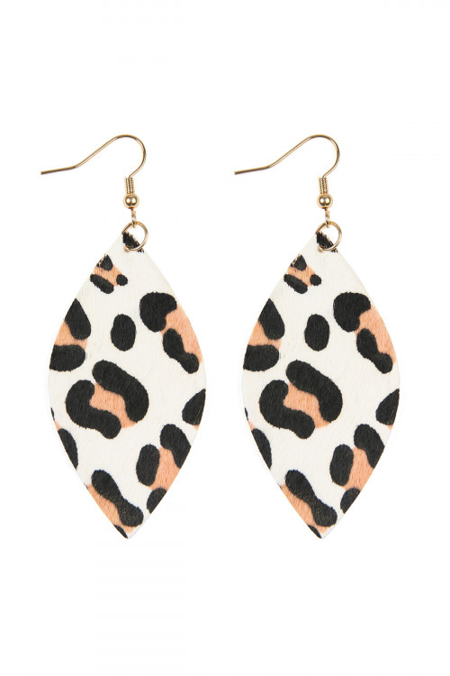 S22-6-2-HDE2436WT WHITE LEOPARD MARQUISE LEATHER HOOK EARRINGS/6PAIRS