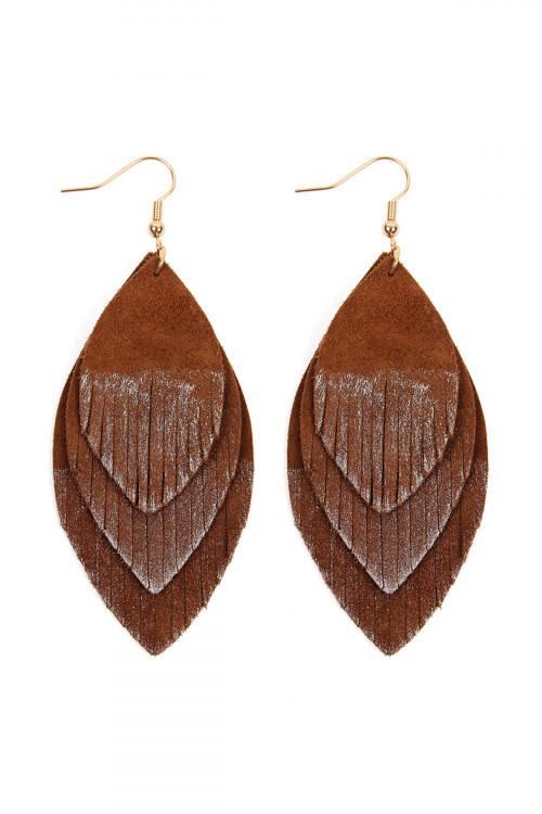 S23-8-2-HDE2441BR BROWN GRUNGE LAYERED FRINGE LEATHER EARRINGS/6PCS