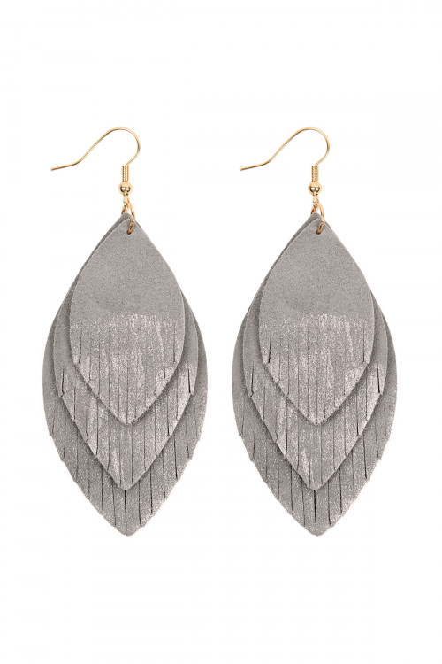 S23-8-2-HDE2441GY GRAY GRUNGE LAYERED FRINGE LEATHER EARRINGS/6PCS