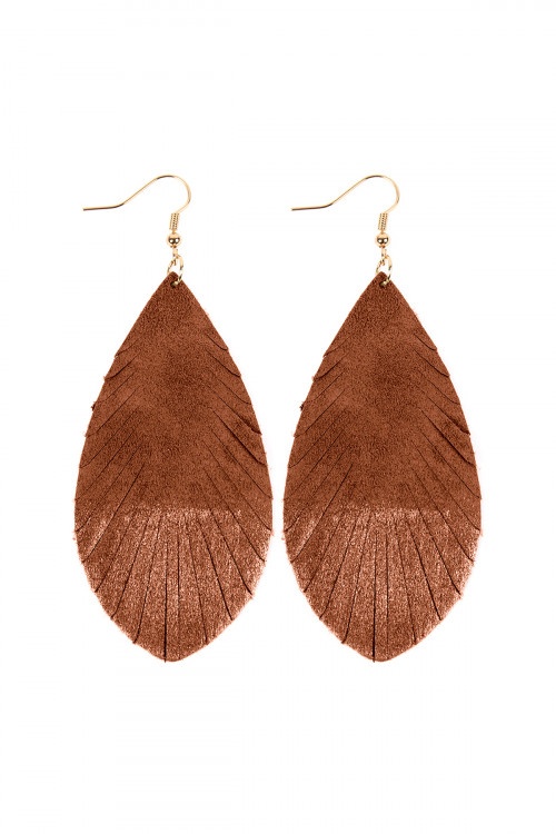 SA3-2-2-HDE2442BR BROWN GRUNGE TONE FRINGED DROP LEATHER EARRINGS/6PAIRS