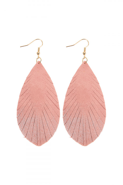 SA3-2-2-HDE2442PK PINK GRUNGE TONE FRINGED DROP LEATHER EARRINGS/6PAIRS