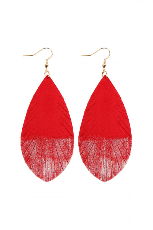 SA3-2-2-HDE2442RD RED GRUNGE TONE FRINGED DROP LEATHER EARRINGS/6PAIRS