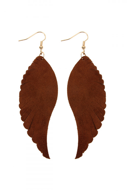 A1-3-2-HDE2444BR BROWN WINGS SHAPE LEATHER HOOK EARRINGS/6PCS