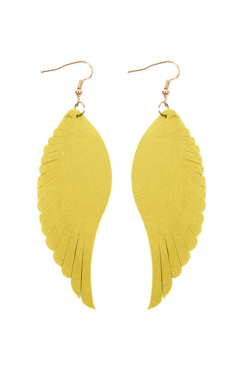 S6-5-3-HDE2444MU MUSTARD WINGS SHAPE LEATHER HOOK EARRINGS/6PCS