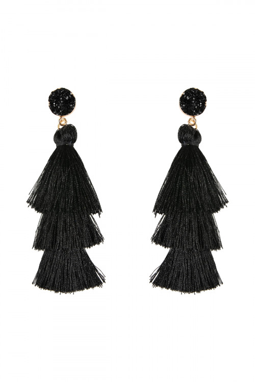 S25-8-4-HDE2484BK BLACK DRUZY POST TASSEL DROP EARRINGS/6PAIRS