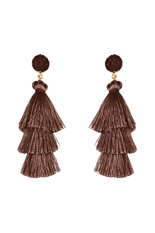 BR-A-2-5-HDE2484BR BROWN ACRYLIC DRUZY POST TASSEL DROP EARRINGS/6PAIRS