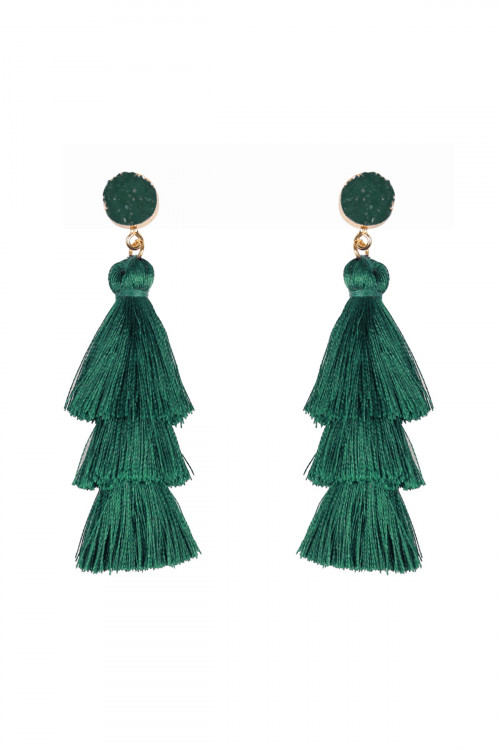 S4-4-3-HDE2484HGR GREEN ACRYLIC DRUZY POST TASSEL DROP EARRINGS/6PAIRS