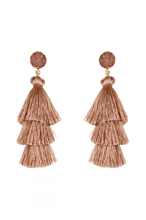 A3-3-4-HDE2484LBR LIGHT BROWN DRUZY POST TASSEL DROP EARRINGS/6PAIRS