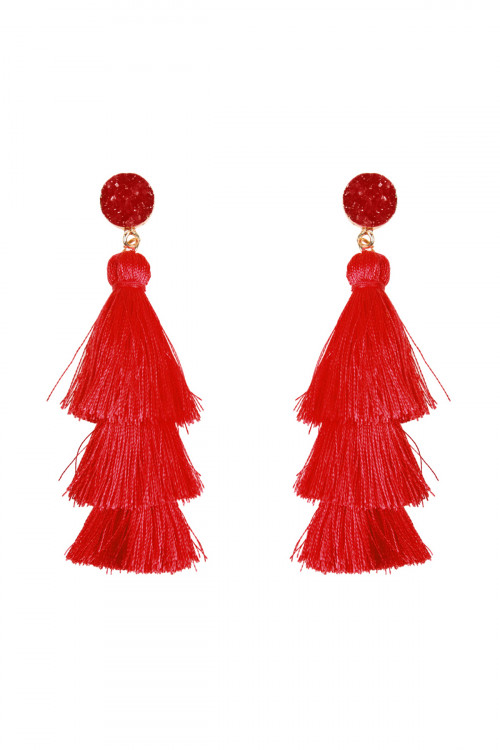 S25-8-4-HDE2484RD RED ACRYLIC DRUZY POST TASSEL DROP EARRINGS/6PAIRS