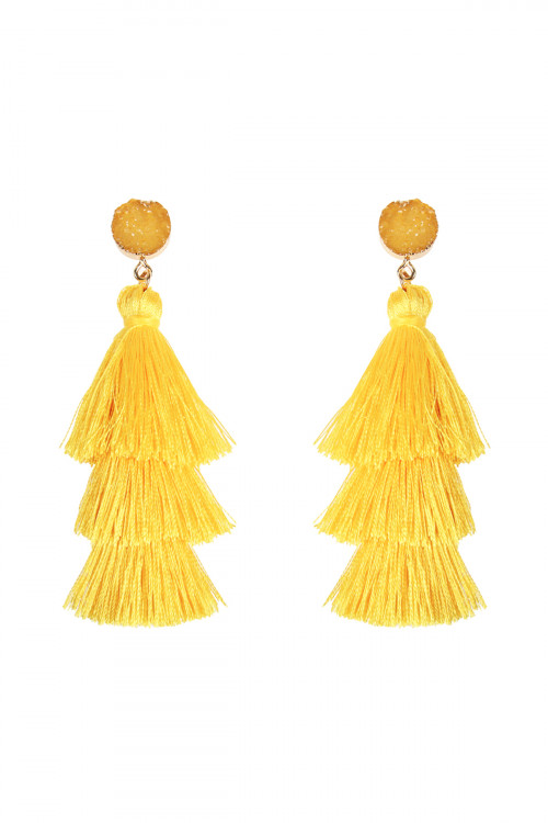 A3-3-4-HDE2484YW YELLOW DRUZY POST TASSEL DROP EARRINGS/6PAIRS