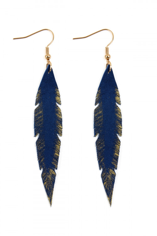 S6-6-3-HDE2501SP- GRUNGE FEATHER SHAPE LEATHER EARRINGS - SAPPHIRE/6PCS