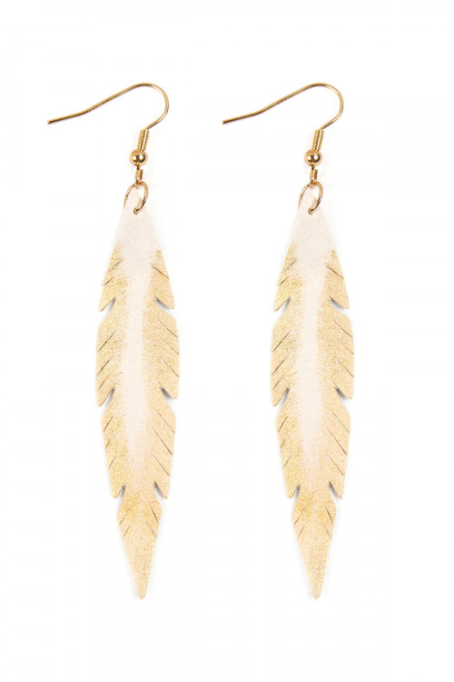 S4-4-3-HDE2501WT WHITE GRUNGE FEATHER SHAPE LEATHER EARRINGS/6PAIRS