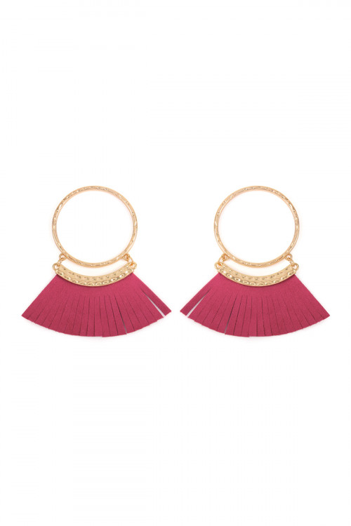 S5-5-2-HDE2507HPK HOT PINK POST HOOP WITH DANGLING FRINGE LEATHER EARRINGS/6PAIRS