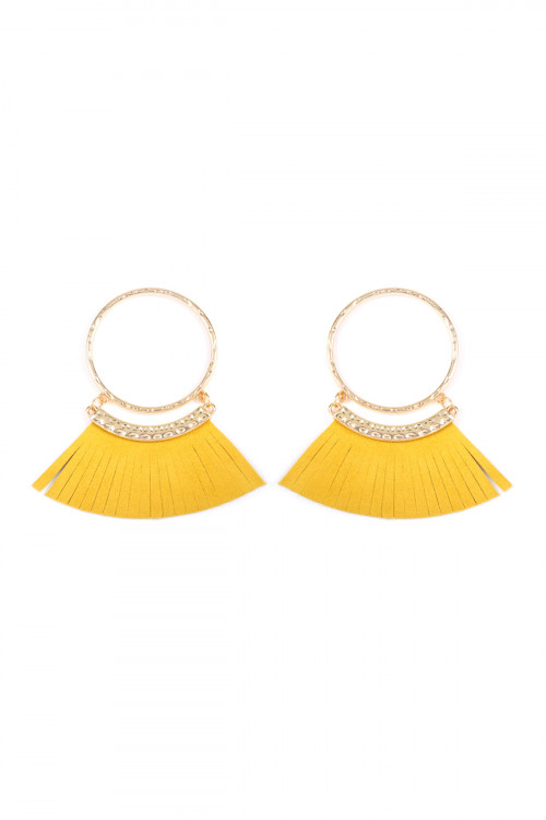 S5-5-2-HDE2507MU MUSTARD POST HOOP WITH DANGLING FRINGE LEATHER EARRINGS/6PAIRS