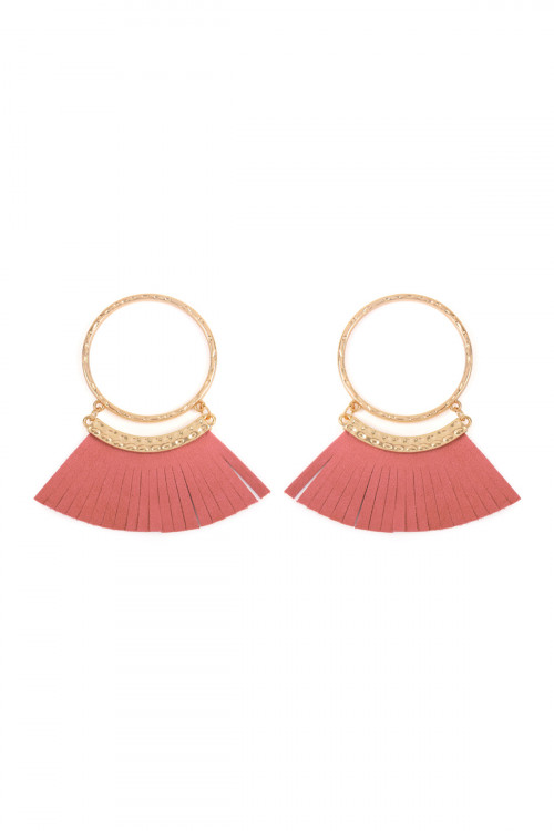 SA4-2-2-HDE2507PK DUSTY PINK POST HOOP WITH DANGLING FRINGE LEATHER EARRINGS/6PAIRS
